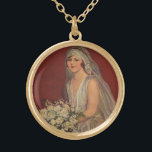 Vintage Wedding, Viktorianisch Bride Bridal Portra Vergoldete Kette<br><div class="desc">Vintage Illustration Liebe und romantisches Hochzeitsbild mit einer Braut in ihrem Hochzeitskleid und Schleier,  die ihren Hochzeitsbukett mit weißen Blume für ein Portrait hält.</div>