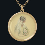Vintage Wedding, Viktorianisch Bride Bridal Portra Vergoldete Kette<br><div class="desc">Vintage Abbildung Viktorianische Hochzeitspassage-Design mit der Braut im Profil. Die schöne Braut ist in ihrem Hochzeitskleid mit einem Schleier,  der einen Blumenstrauß weißer Blume hält.</div>