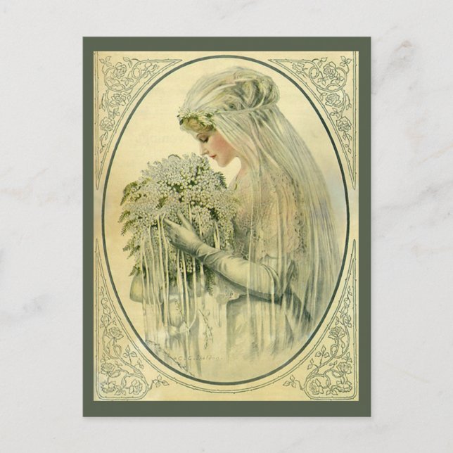 Vintage Wedding, Viktorianische Braut mit Blume Postkarte (Vorderseite)