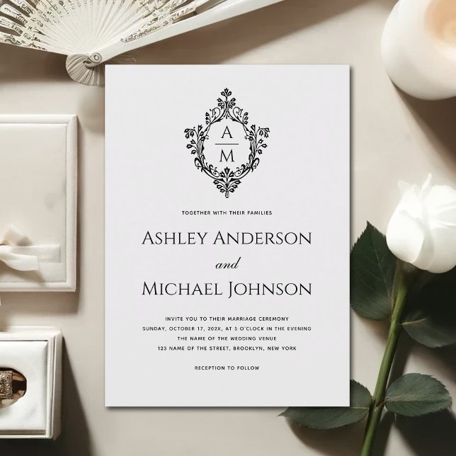 Vintage Wedding Wappen Monogram Schwarz-weiß Antiq Einladung (Von Creator hochgeladen)