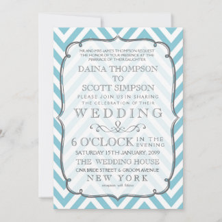 Vintage Wedding Weiß-u. Himmel-Blau-Zickzack Einladung