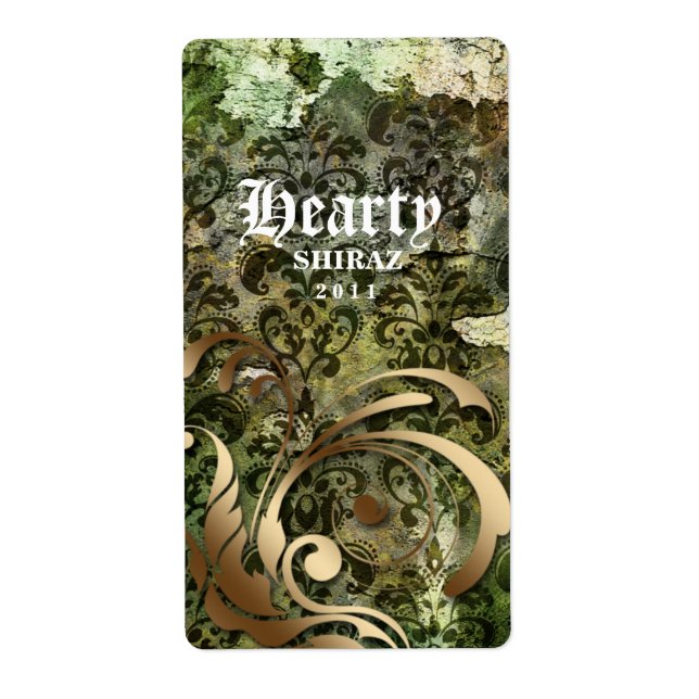 Vintage Wedding Wine Label Damask Green Gold (Vorne)