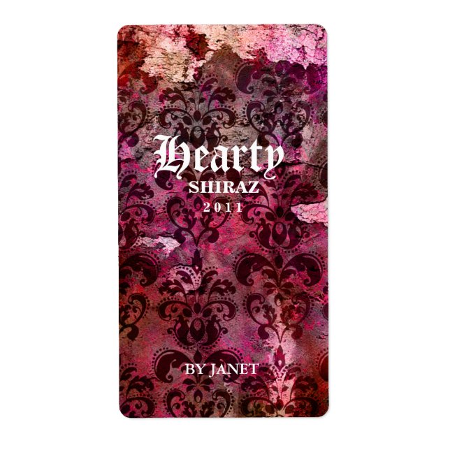Vintage Wedding Wine Label Damask Red (Vorne)
