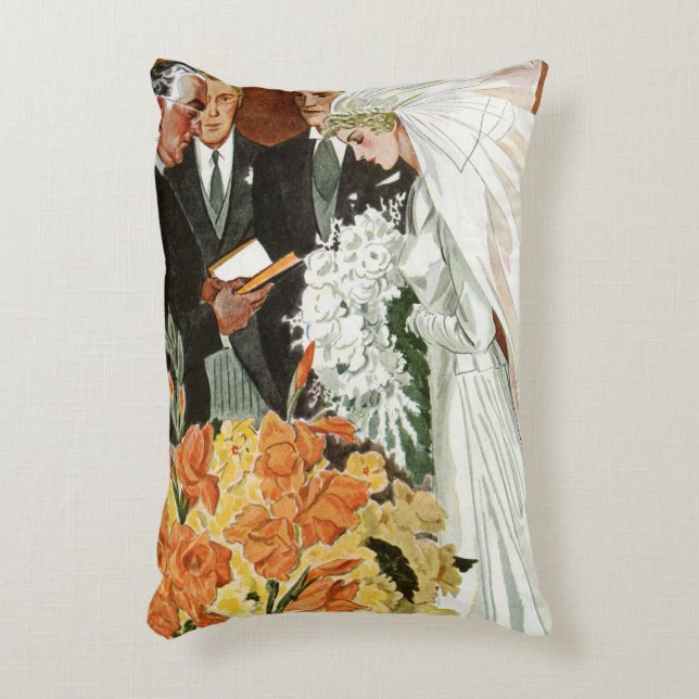 Vintage Wedding Zeremonie mit Braut und Bräutigam Dekokissen (Vorderseite(Vertikal))