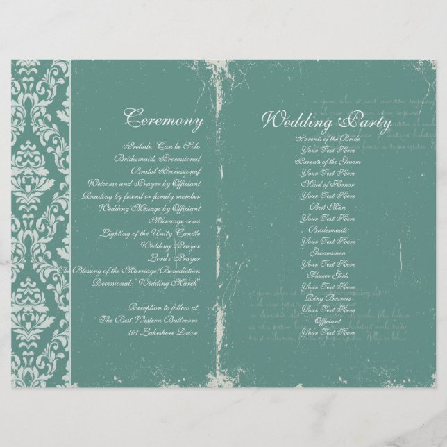 Vintage Wedding Zeremonie Programm Aquamarin (Vorderseite)