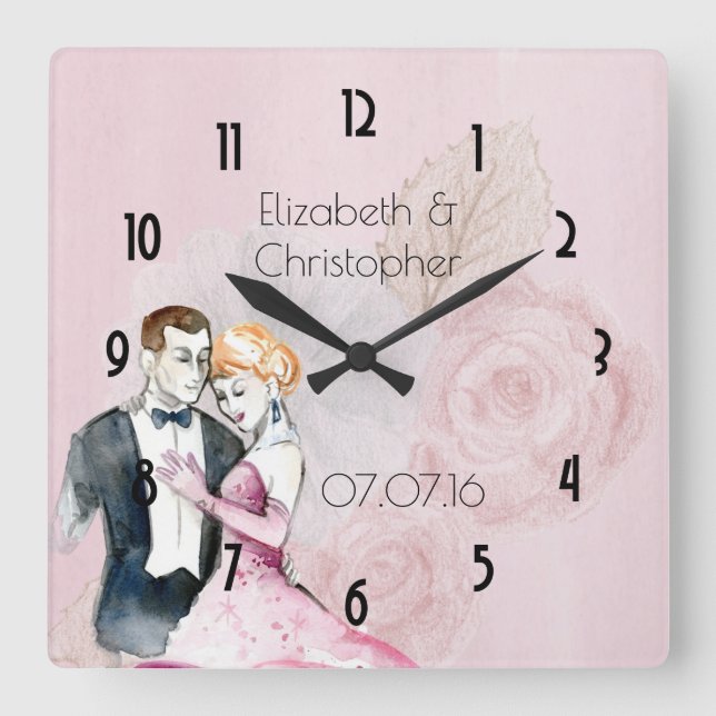 Vintage Wedple On Pink Roses Personalisiert Quadratische Wanduhr (Vorderseite)