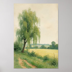Vintage-Weidenbaum-Landschaftskunst Poster
