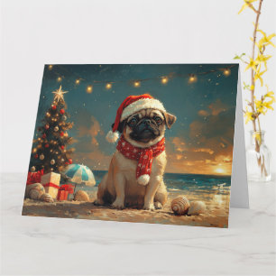 Vintage-Weihnachten am Strand mit Mops Karte