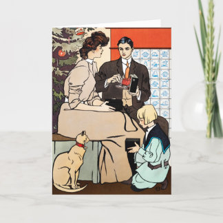 Vintage-Weihnachten Art Nouveau Familien-Szene Kar Feiertagskarte