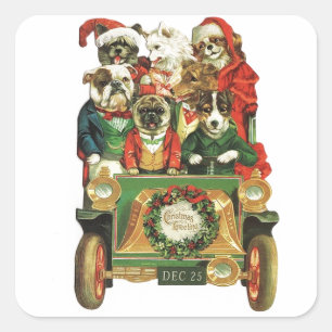 Vintage-Weihnachten Auto voll mit Hunden Quadratischer Aufkleber