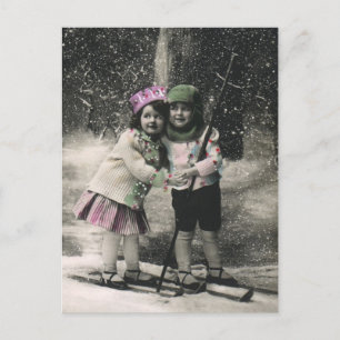 Vintage Weihnachten, beste Freunde auf Skiern Feiertagspostkarte