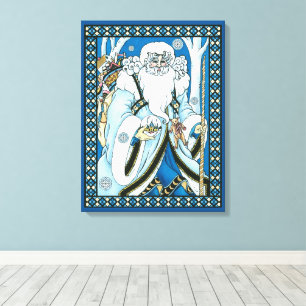 Vintage Weihnachten, blauer Weihnachtsmann mit Sch Leinwanddruck