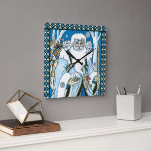 Vintage Weihnachten, blauer Weihnachtsmann mit Sch Quadratische Wanduhr