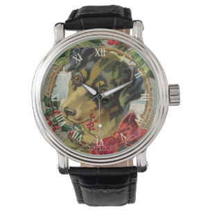 Vintage Weihnachten, Dachshund-Welpe mit Stechpalm Armbanduhr