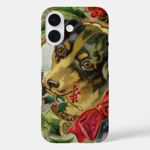 Vintage Weihnachten, Dachshund-Welpe mit Stechpalm iPhone 16 Hülle