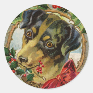 Vintage Weihnachten, Dachshund-Welpe mit Stechpalm Runder Aufkleber