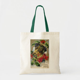 Vintage Weihnachten, Dachshund-Welpe mit Stechpalm Tragetasche