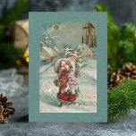 Vintage Weihnachten der alten Welt im Schnee<br><div class="desc">Rot roter Weihnachten durch den Schnee mit seinen Armen gefüllt mit Spielzeug. Zurück enthält benutzerdefinierte Leerzeichen und bearbeitbare Textfelder.</div>