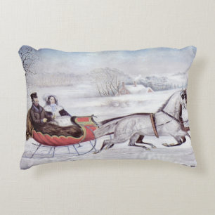 Vintage Weihnachten, Die Straße Winter, Schlittenp Dekokissen
