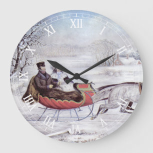 Vintage Weihnachten, Die Straße Winter, Schlittenp Große Wanduhr