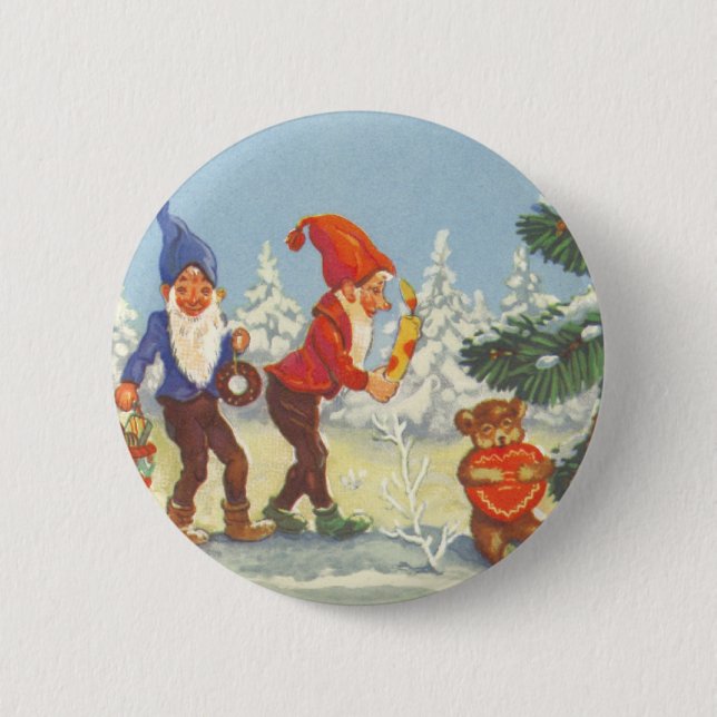 Vintage-Weihnachten, Elfen im Schnee Wald Winter Button (Vorderseite)