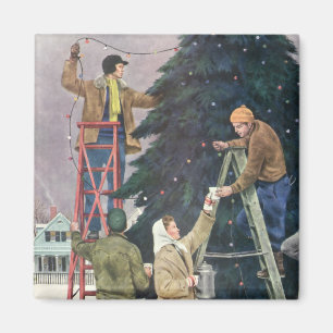 Vintage Weihnachten, Familie hängt Lichter an den Magnet