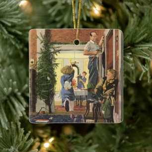 Vintage Weihnachten, Familie schmückt das Haus Keramikornament