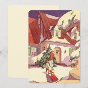 Vintage Weihnachten, Familienhaus im Schnee Einlad Einladung