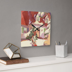 Vintage Weihnachten, Familienhaus im Schnee Quadratische Wanduhr