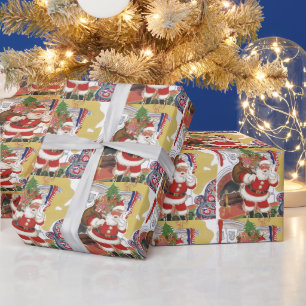 Vintage Weihnachten, fröhlicher Weihnachtsmann mit Geschenkpapier