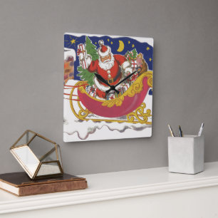 Vintage Weihnachten, fröhlicher Weihnachtsmann mit Quadratische Wanduhr