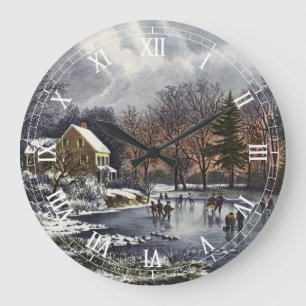Vintage Weihnachten, Frühwinter Schlittschuhläufer Große Wanduhr