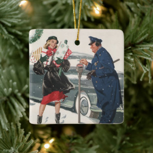 Vintage Weihnachten, Geschenke einkaufen Polizist Keramikornament