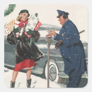 Vintage Weihnachten, Geschenke einkaufen Polizist Quadratischer Aufkleber