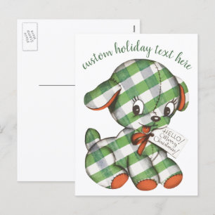 Vintage-Weihnachten-Gingham-Welpen-Plüschtier Feiertagspostkarte