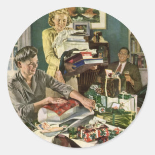 Vintage Weihnachten, glückliche Familie beim Gesch Runder Aufkleber