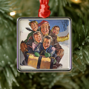 Vintage Weihnachten, glückliche Familie beim Schli Ornament Aus Metall