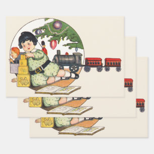 Vintage Weihnachten, Glücklicher Junge spielt mit Geschenkpapier Set