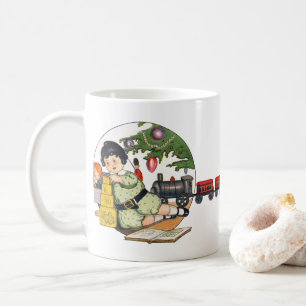Vintage Weihnachten, Glücklicher Junge spielt mit  Kaffeetasse