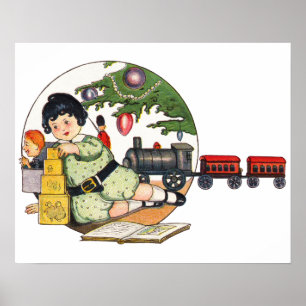 Vintage Weihnachten, Glücklicher Junge spielt mit  Poster