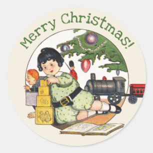 Vintage Weihnachten, Glücklicher Junge spielt mit Runder Aufkleber