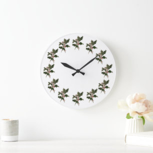 Vintage Weihnachten, grüne Stechpalmenpflanze mit Große Wanduhr