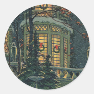 Vintage Weihnachten, Haus mit Kränzen in den Fenst Runder Aufkleber