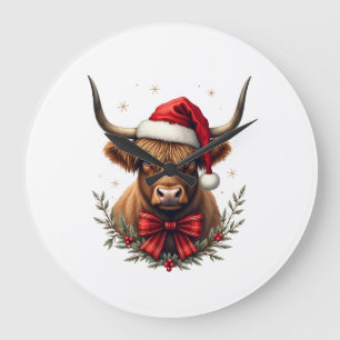 Vintage-Weihnachten Highland-Kuh in Santa-Hut Rust Große Wanduhr