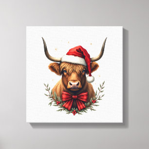 Vintage-Weihnachten Highland-Kuh in Santa-Hut Rust Leinwanddruck