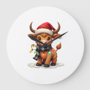 Vintage Weihnachten Highland-Kuh in Santa-Mütze un Große Wanduhr