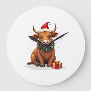 Vintage-Weihnachten Highland-Kuh mit Geschenken Ni Große Wanduhr
