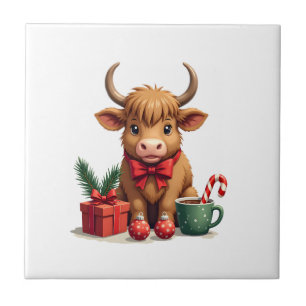 Vintage-Weihnachten Highland-Kuh mit Schleifengesc Fliese