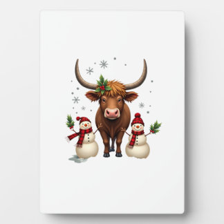 Vintage-Weihnachten Highland-Kuh mit Schneemännern Fotoplatte