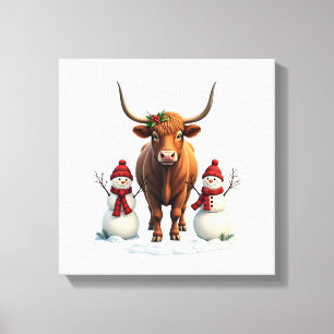 Vintage-Weihnachten Highland-Kuh mit Schneemännern Leinwanddruck